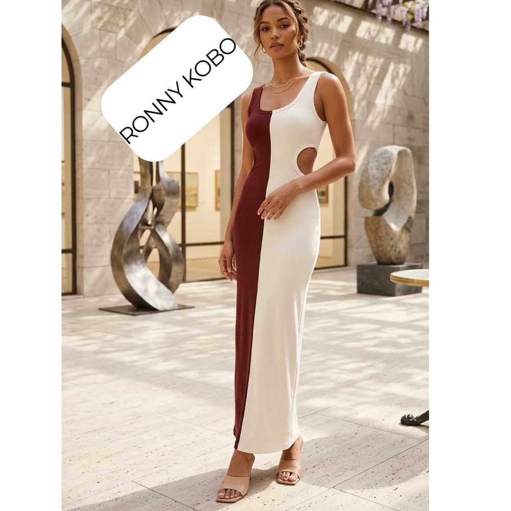 Ronny Kobo Two Tone Color Block Cut Out Midi‎ Dress Brown Cream Sleeveless S